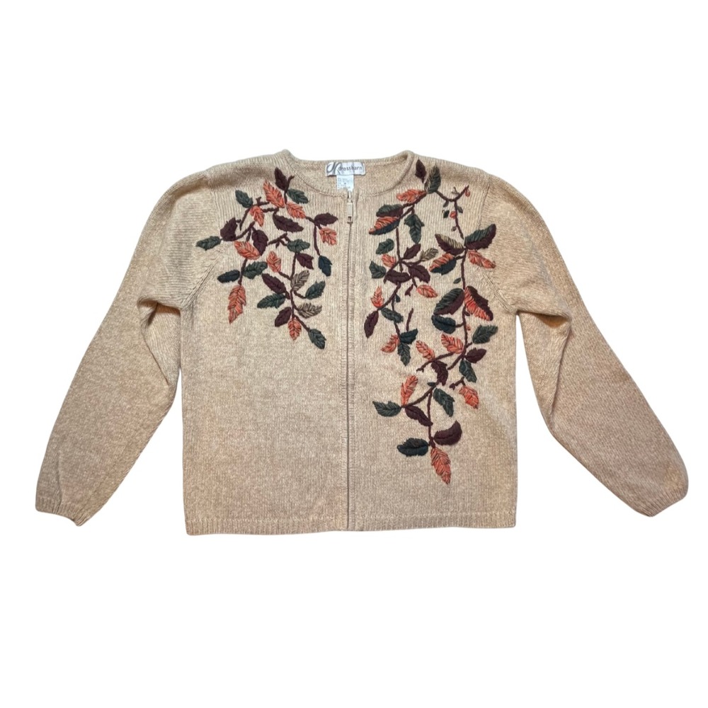 Vintage 90s Embroidered Sweater Cardigan M Brown Floral Cottagecore Grandma Twee